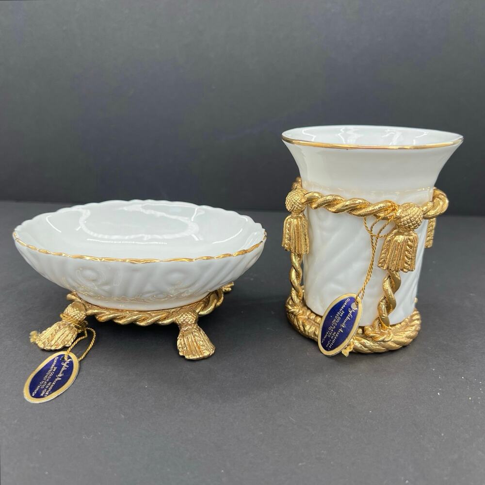 Stylebuilt Gold Plated Ormolu Porcelain Tassel Soap Dish and Toothbrush Holder